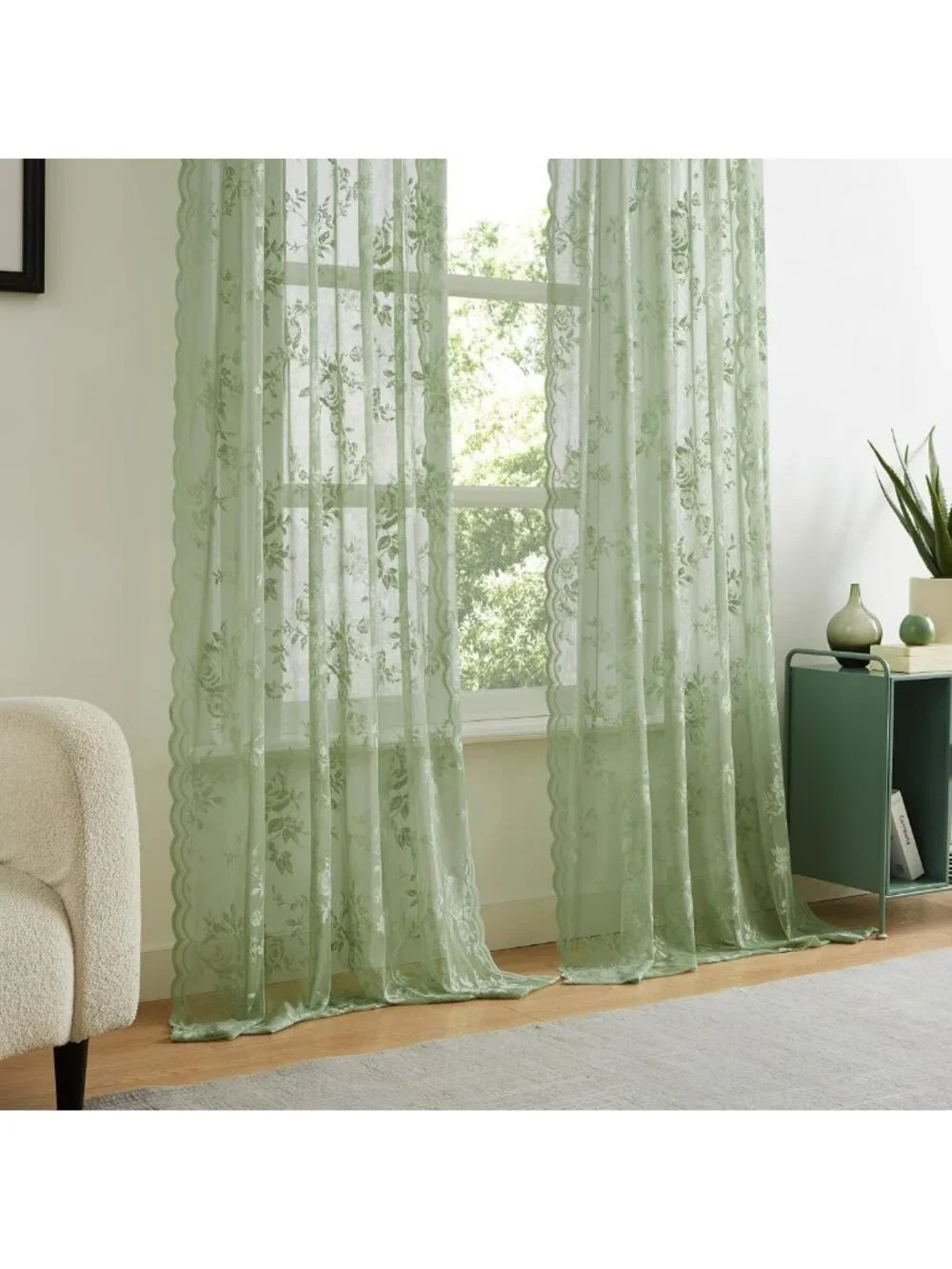 Sage Green Floral Lace Curtains 84